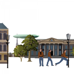 One part of my graphic design. Notice how the buildings and other elements overlap each other.
Because of this composition, it becomes clear how the different elements appear together within the game.